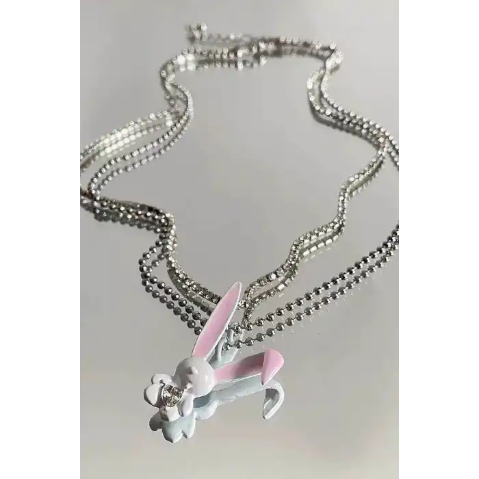 Gümüş Renk Tavşan Figürlü Taş Detaylı 14K Altın Kaplama TX Kolye