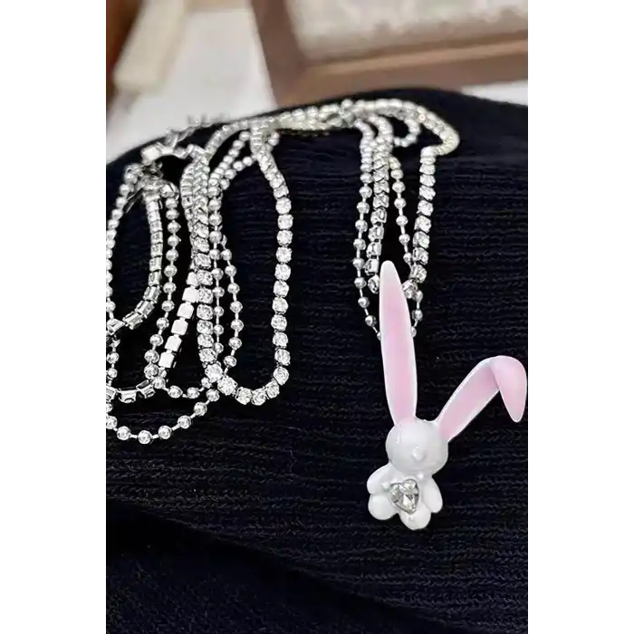 Gümüş Renk Tavşan Figürlü Taş Detaylı 14K Altın Kaplama TX Kolye