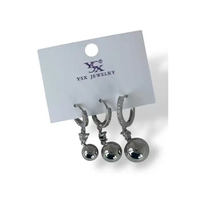 Gümüş Renk Top Detaylı VİP 3lü YSX Küpe Set
