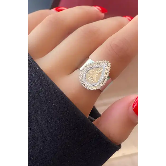 Gümüş Renk Tuğra Figürlü Ayarlanabilir Çelik Yüzük