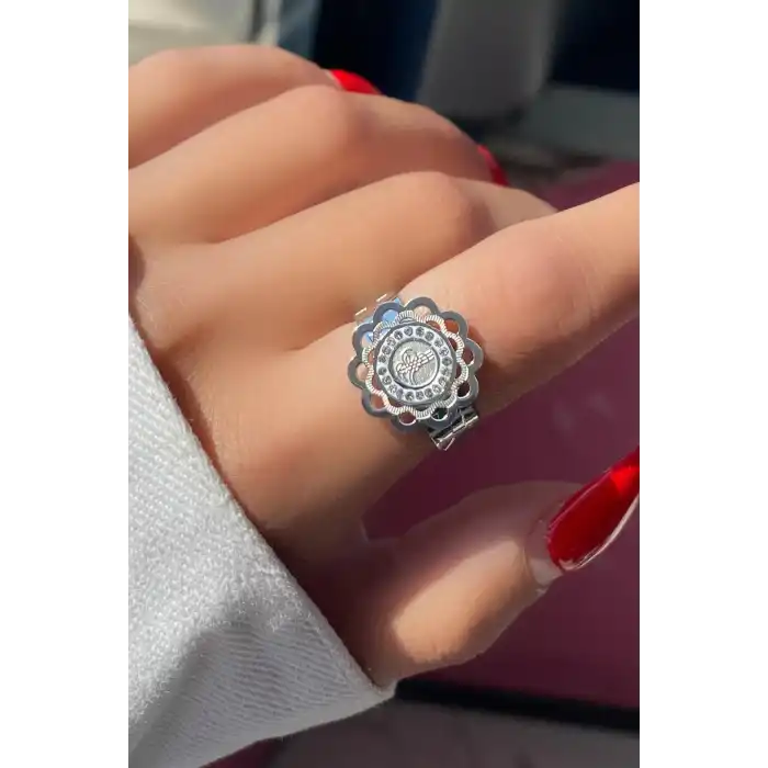 Gümüş Renk Tuğra Figürlü Ayarlanabilir Çelik Yüzük