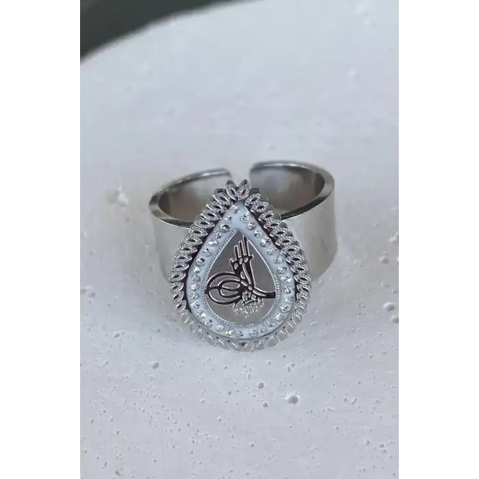 Gümüş Renk Tuğra Figürlü Ayarlanabilir Çelik Yüzük