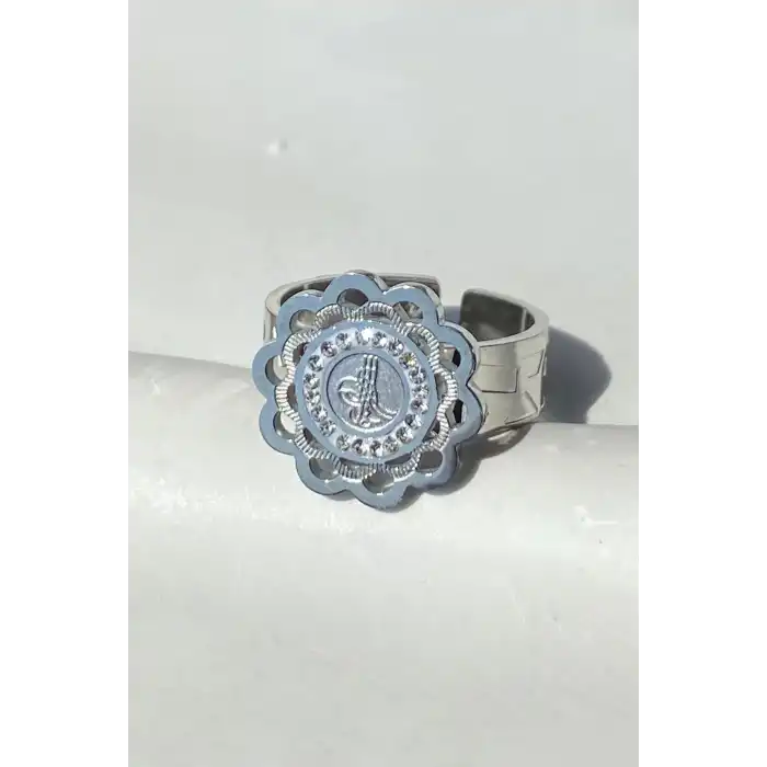 Gümüş Renk Tuğra Figürlü Ayarlanabilir Çelik Yüzük