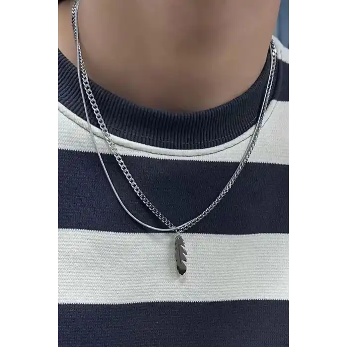 Gümüş Renk Tüy Figürlü Erkek İkili Zincir Çelik Kolye