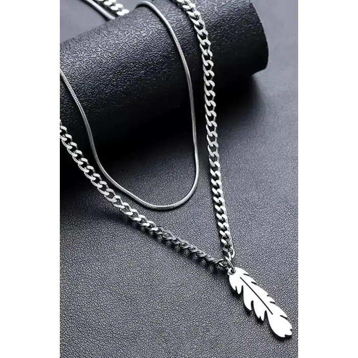 Gümüş Renk Tüy Figürlü Erkek İkili Zincir Çelik Kolye