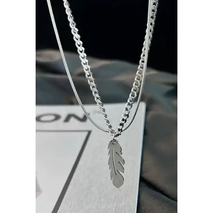 Gümüş Renk Tüy Figürlü Erkek İkili Zincir Çelik Kolye