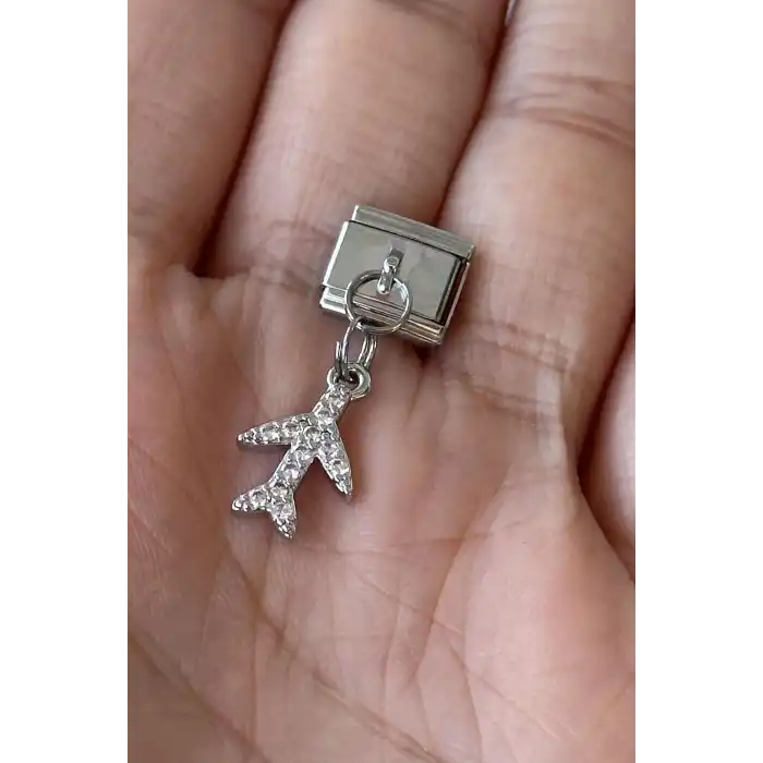 Gümüş Renk Uçak Figürlü Taş Detaylı Çelik Nomination Charm (Tek)
