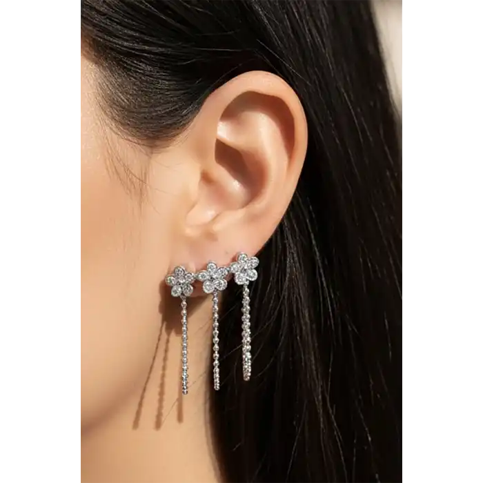 Gümüş Renk Üçlü Delik Görünümlü 14k Altın Kaplama Küpe (Çift)