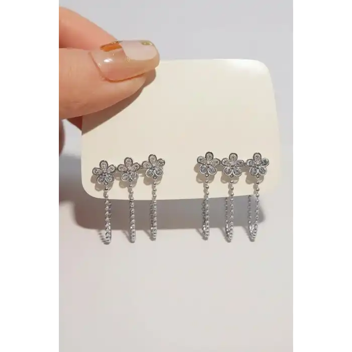 Gümüş Renk Üçlü Delik Görünümlü 14k Altın Kaplama Küpe (Çift)