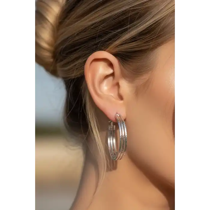 Gümüş Renk Üçlü Görünümlü Halka Küpe (Çift)