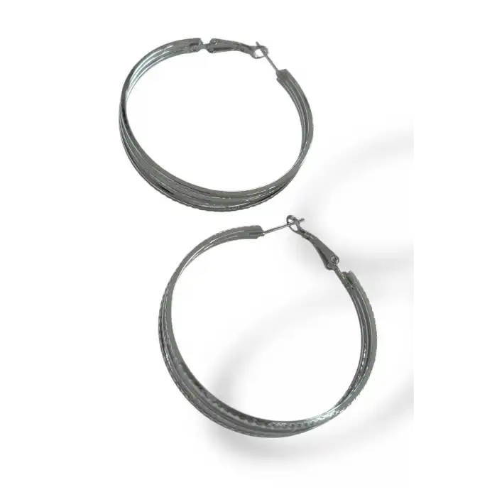 Gümüş Renk Üçlü Görünümlü Halka Küpe (Çift)