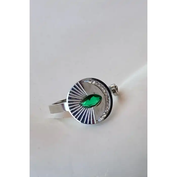 Gümüş Renk Yeşil Taş Detaylı Ayarlanabilir Çelik Yüzük