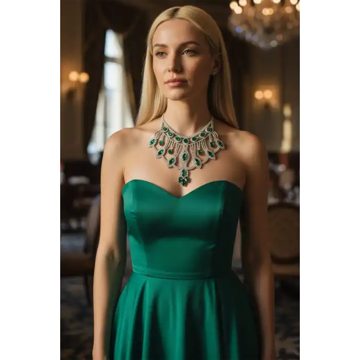 Gümüş Renk Yeşil Taş Detaylı Tasarım Abiye Kolye