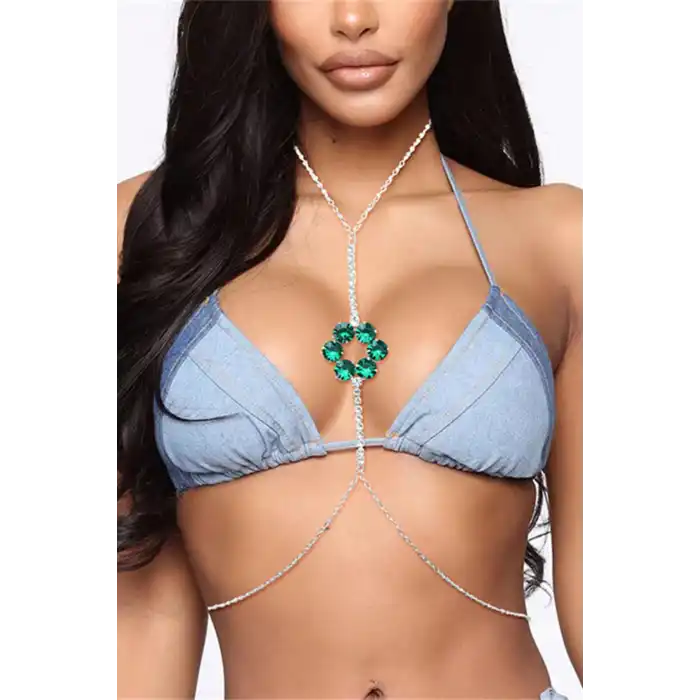 Gümüş Renk Yeşil Taş Detaylı Tasarım Vücut Aksesuar