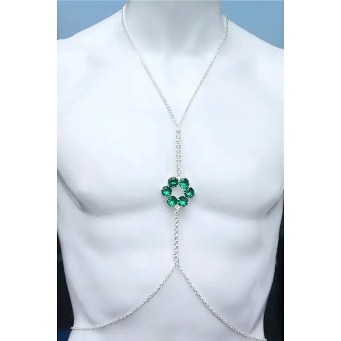 Gümüş Renk Yeşil Taş Detaylı Tasarım Vücut Aksesuar