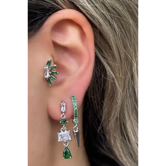 Gümüş Renk Yeşil Taş Detaylı VİP 3lü YSX Küpe Set