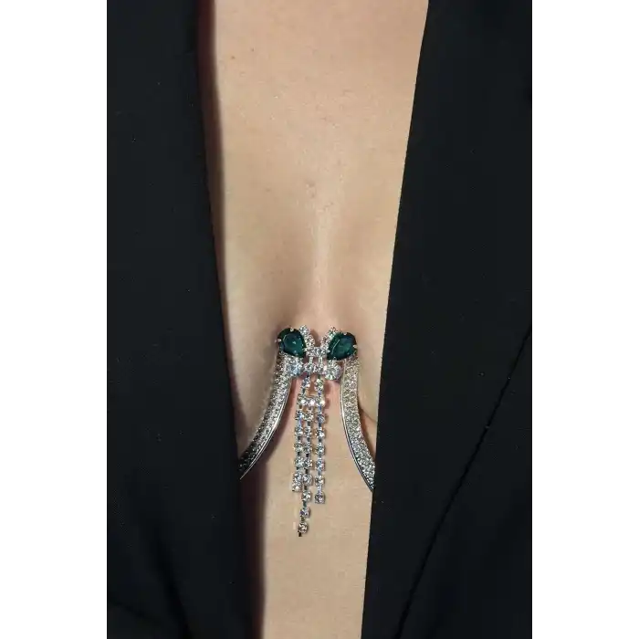 Gümüş Renk Yeşil Taş Detaylı Vücut Aksesuarı