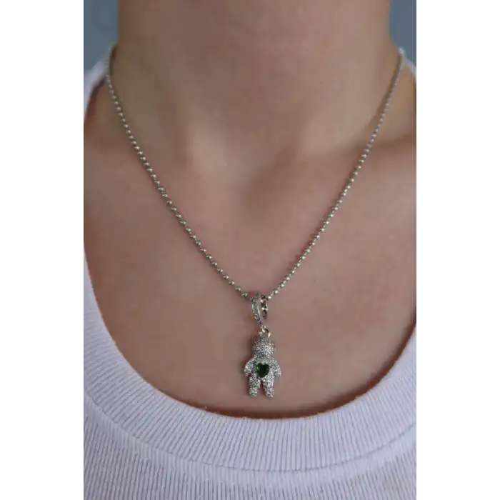 Gümüş Renk Yeşil Taş Detaylı YSX Kolye