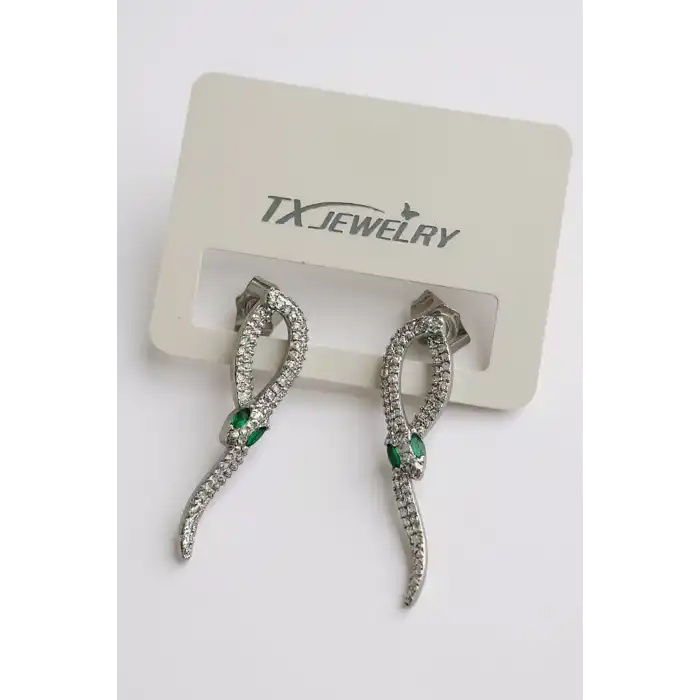 Gümüş Renk Yılan Figürlü Taş Detaylı 14K Altın Kaplama TX Küpe (Çift)