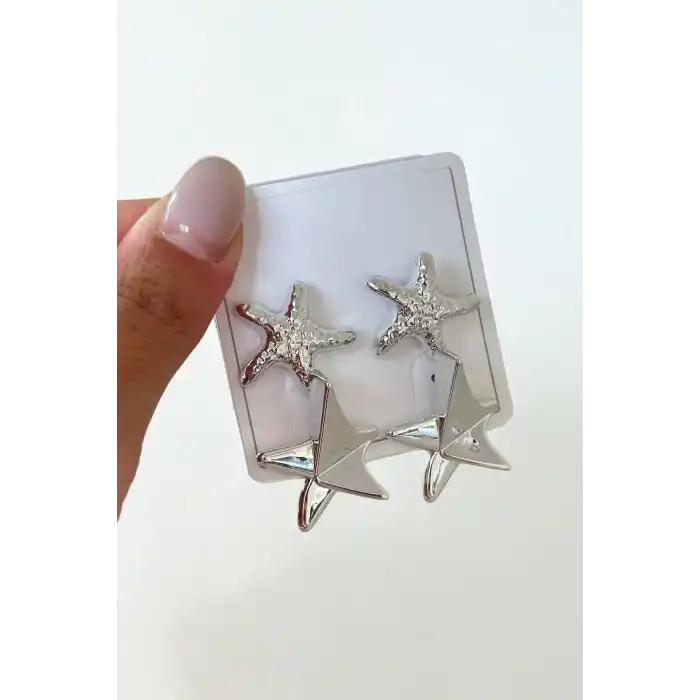 Gümüş Renk Yıldız Figürlü Küpe Set