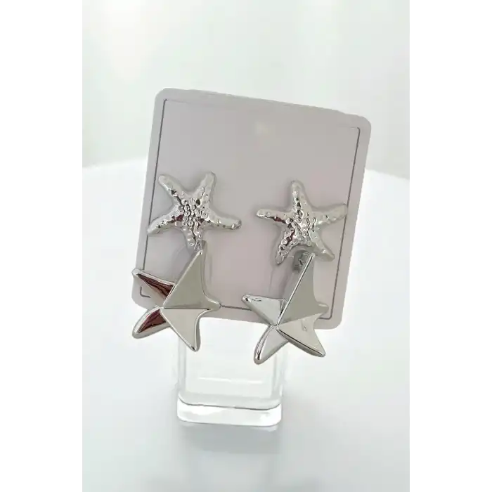 Gümüş Renk Yıldız Figürlü Küpe Set