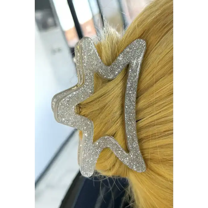 Gümüş Renk Yıldız Figürlü Simli Kemik Mandal Toka