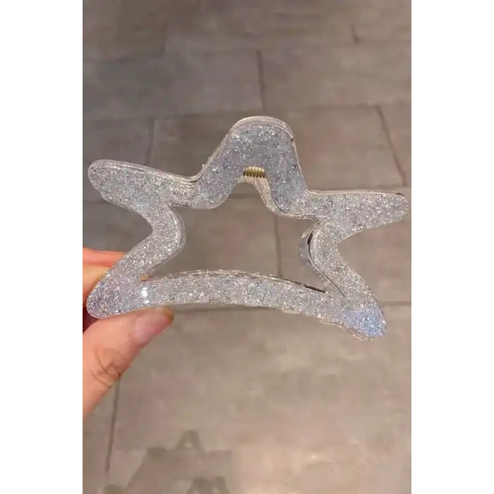 Gümüş Renk Yıldız Figürlü Simli Kemik Mandal Toka