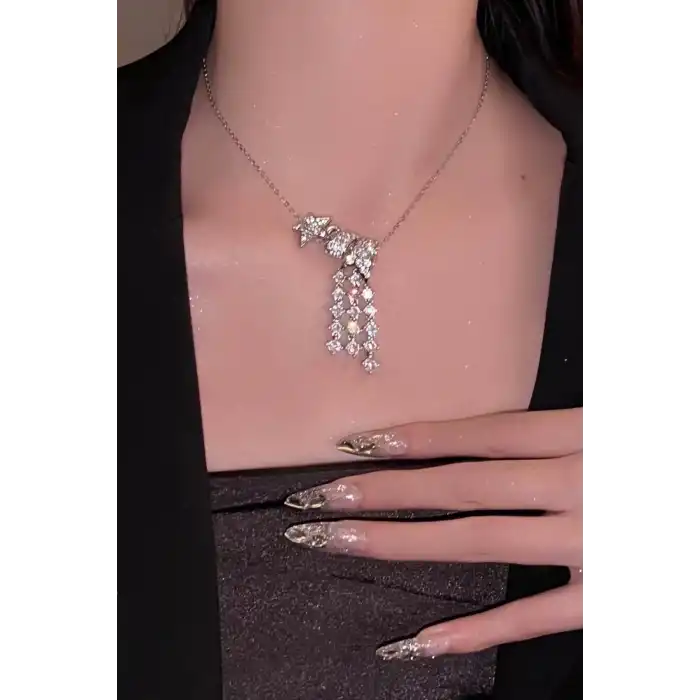 Gümüş Renk Yıldız Figürlü Taş Detaylı 14K Altın Kaplama TX Kolye