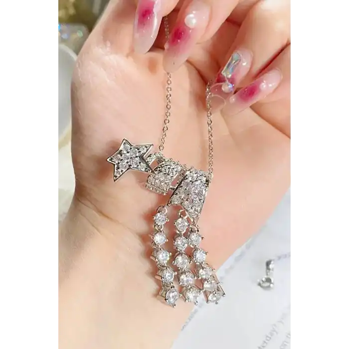 Gümüş Renk Yıldız Figürlü Taş Detaylı 14K Altın Kaplama TX Kolye