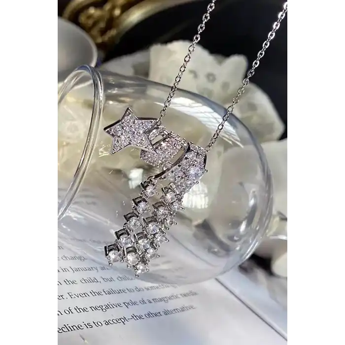 Gümüş Renk Yıldız Figürlü Taş Detaylı 14K Altın Kaplama TX Kolye