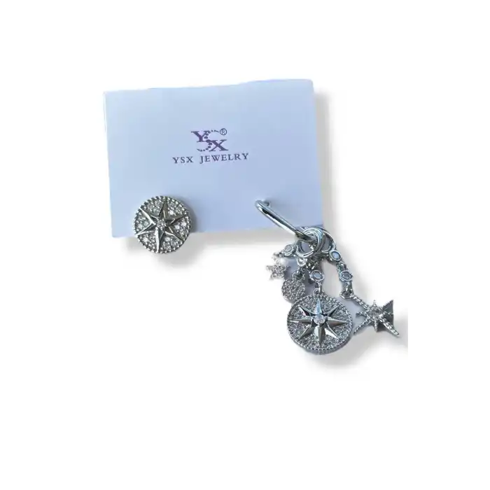 Gümüş Renk Yıldız Figürlü Taş Detaylı 3lü YSX Küpe Set