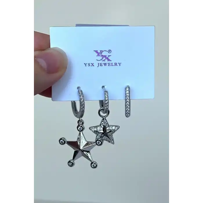 Gümüş Renk Yıldız Figürlü Taş Detaylı 3lü YSX Küpe Set