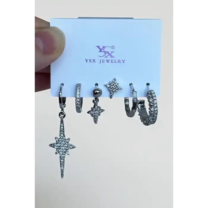 Gümüş Renk Yıldız Figürlü Taş Detaylı 6lı YSX Küpe Set