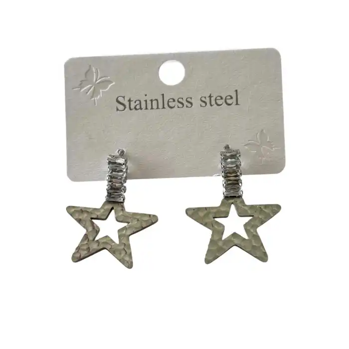 Gümüş Renk Yıldız Figürlü Taş Detaylı Çelik Küpe (Çift)