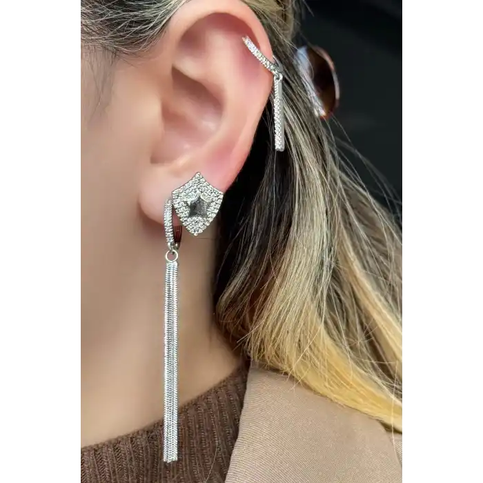 Gümüş Renk Yıldız Figürlü Taş Detaylı VİP 3lü YSX Küpe Set