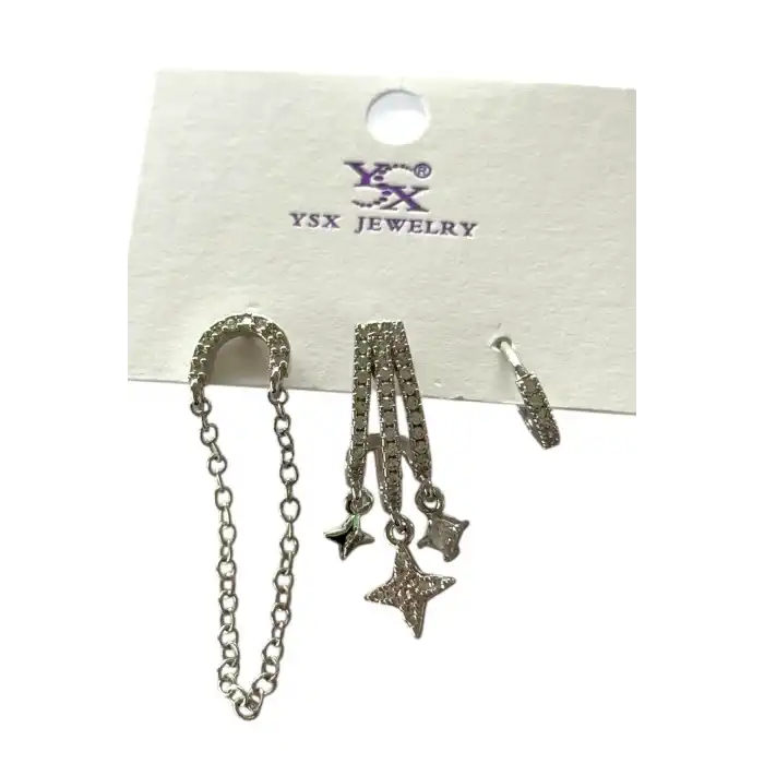 Gümüş Renk Yıldız Figürlü Taş Detaylı VİP 3lü YSX Küpe Set