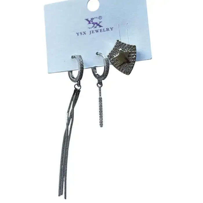 Gümüş Renk Yıldız Figürlü Taş Detaylı VİP 3lü YSX Küpe Set