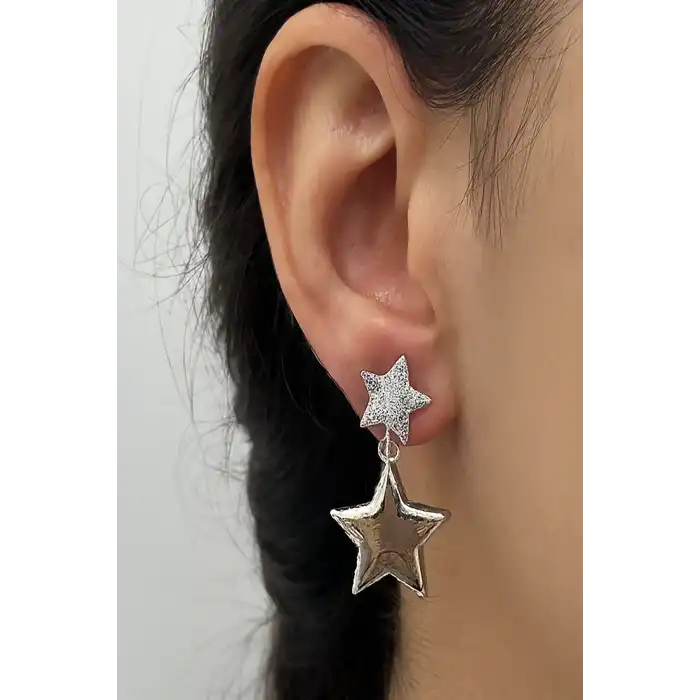 Gümüş Renk Yıldız Figürlü Taş Detaylı YSX Küpe (Çift)