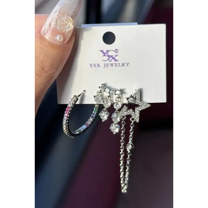 Gümüş Renk Yıldız Figürlü VİP 3lü YSX Küpe Set