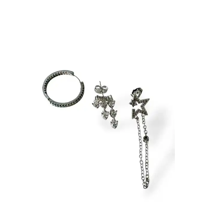 Gümüş Renk Yıldız Figürlü VİP 3lü YSX Küpe Set