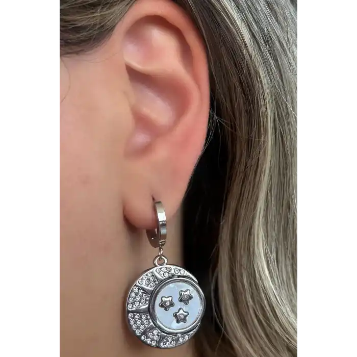 Gümüş Renk Yıldız Taş Detaylı Çelik Küpe (Çift)