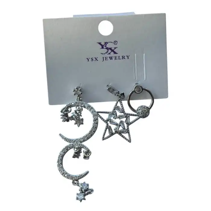 Gümüş Renk Yıldız Ve Ay Figürlü Taş Detaylı VİP 3lü YSX Küpe Set