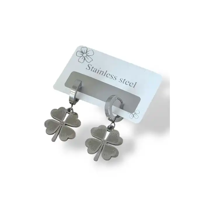 Gümüş Renk Yonca Figürlü Çelik Küpe (Çift)