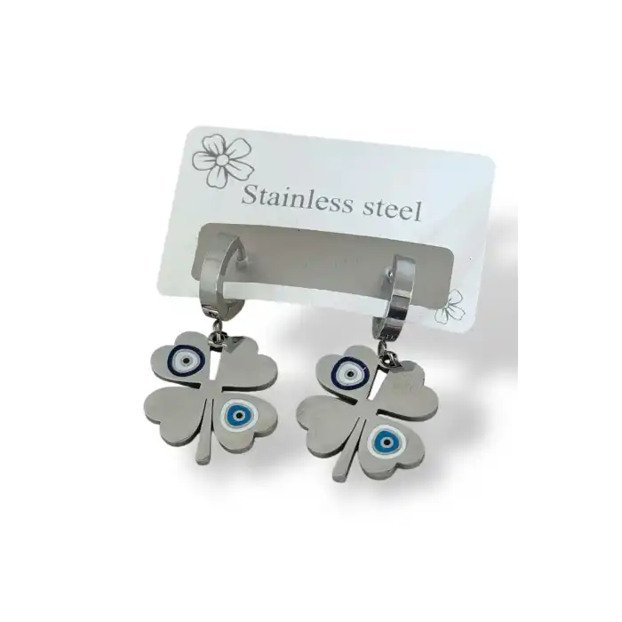 Gümüş Renk Yonca Figürlü Çelik Küpe (Çift)