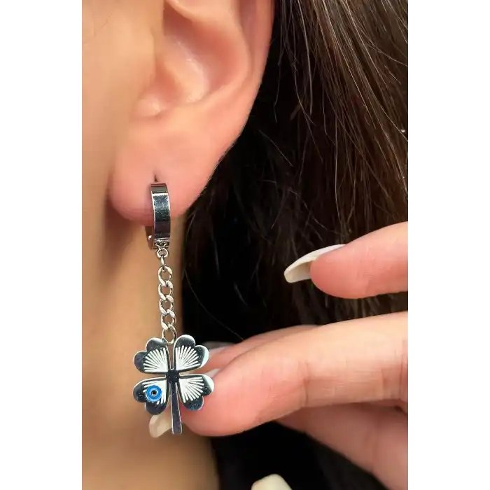 Gümüş Renk Yonca Figürlü Çelik Küpe (Çift)