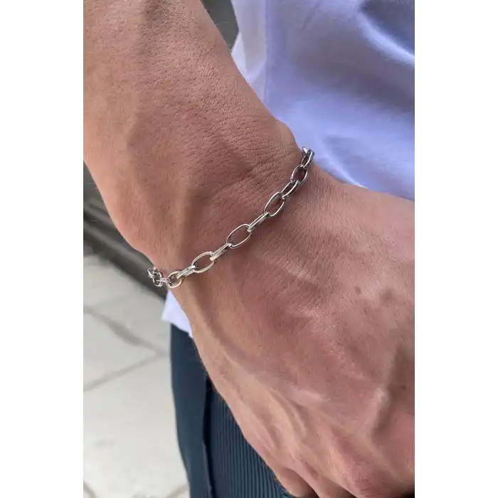 Gümüş Renk Zincir Detaylı Çelik Bileklik (Unisex)