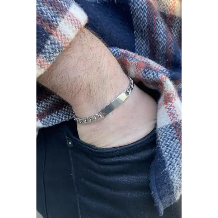 Gümüş Renk Zincir Detaylı Çelik Bileklik (Unisex)