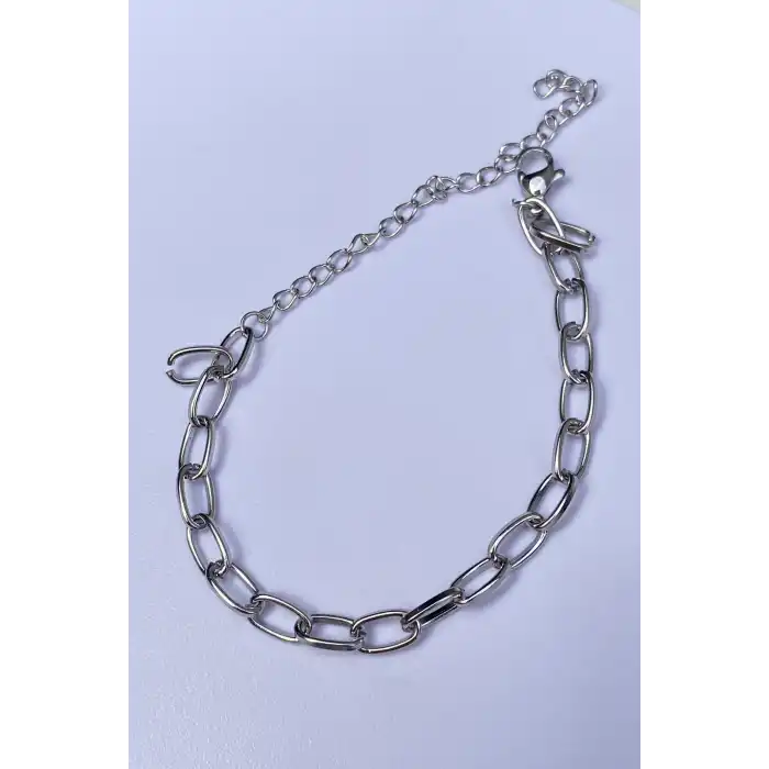 Gümüş Renk Zincir Detaylı Çelik Bileklik (Unisex)