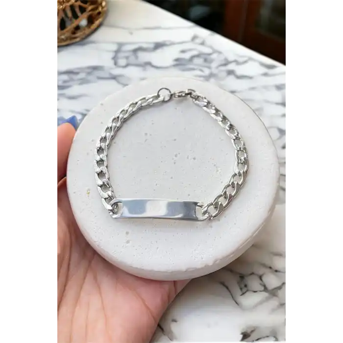 Gümüş Renk Zincir Detaylı Çelik Bileklik (Unisex)
