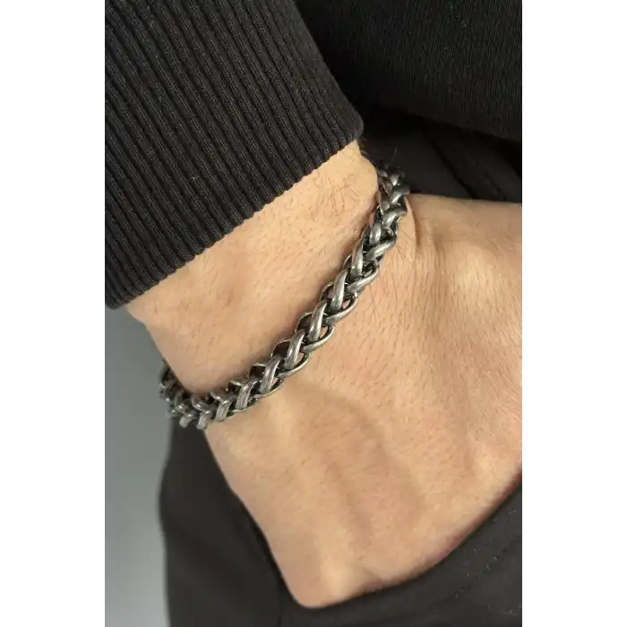 Gümüş Renk Zincir Detaylı Erkek Çelik Bileklik